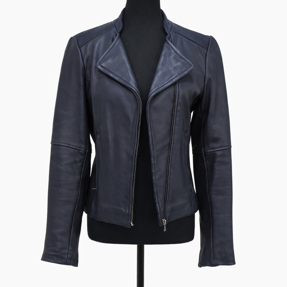 Reiss Midnight Blue 100% Lamb Leather Moto Jacket - Size S